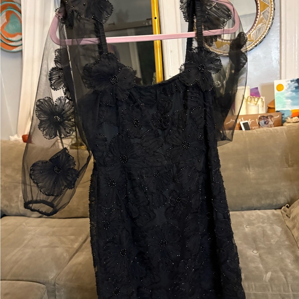 Black Sheath Mini Dress with Bishop Sleeves, appliqué flowers
